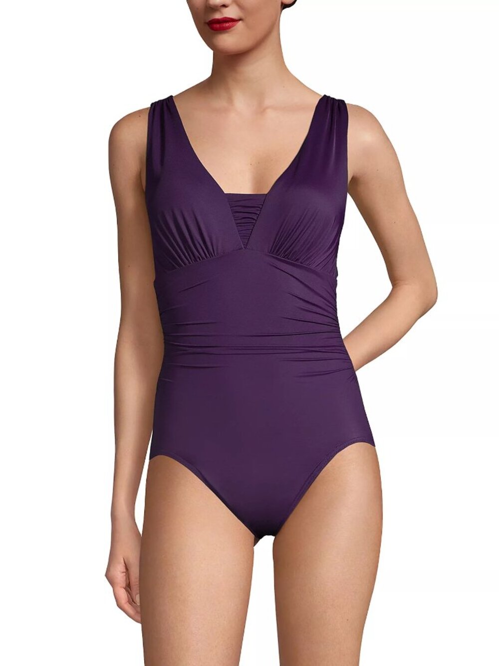 Lands End SlenderSuit Grecian Low Leg One Piece Swimsuit Blackberry Purple